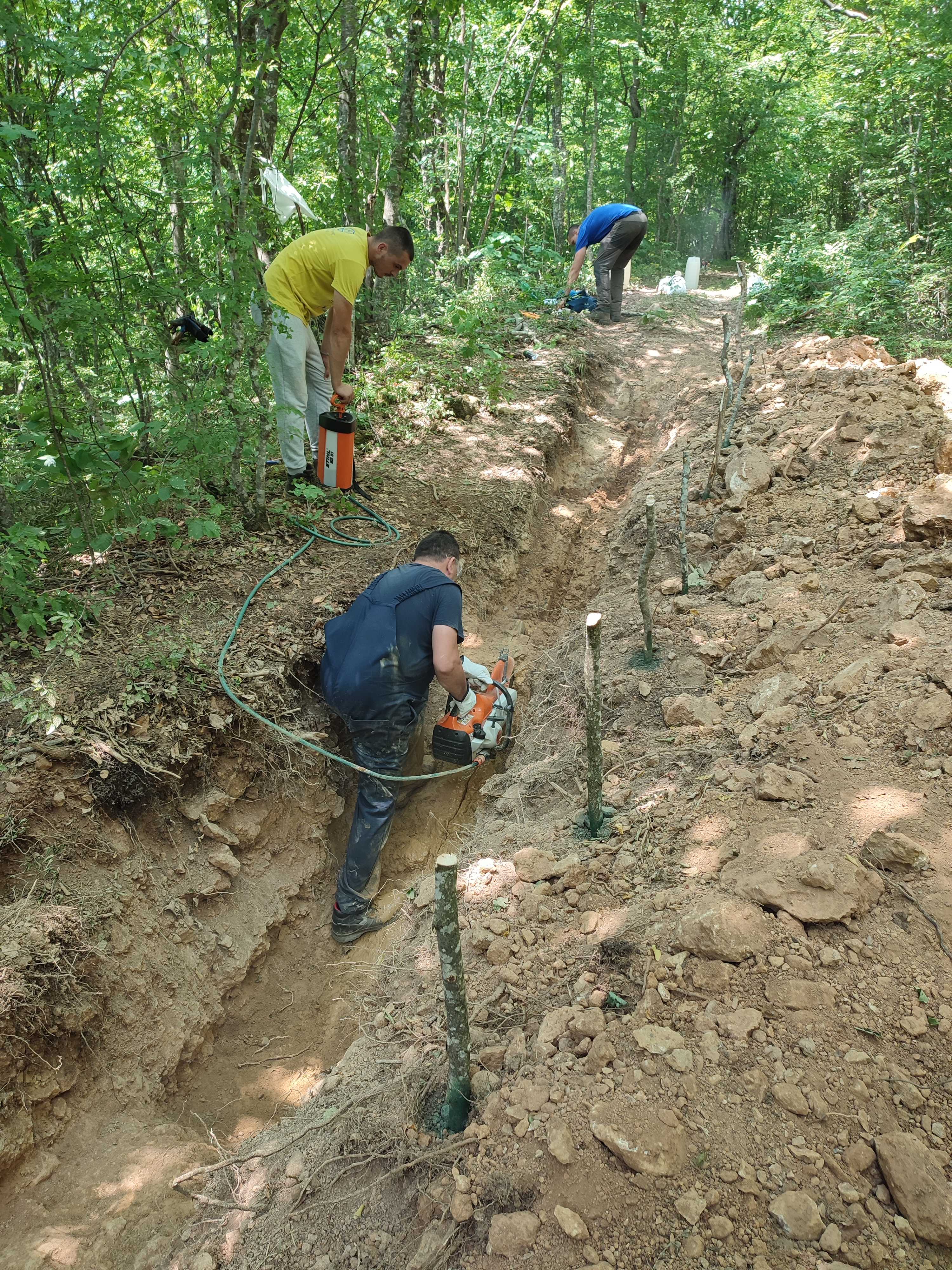 Three field workers excavating and sampling a trench on a steep forested slope
