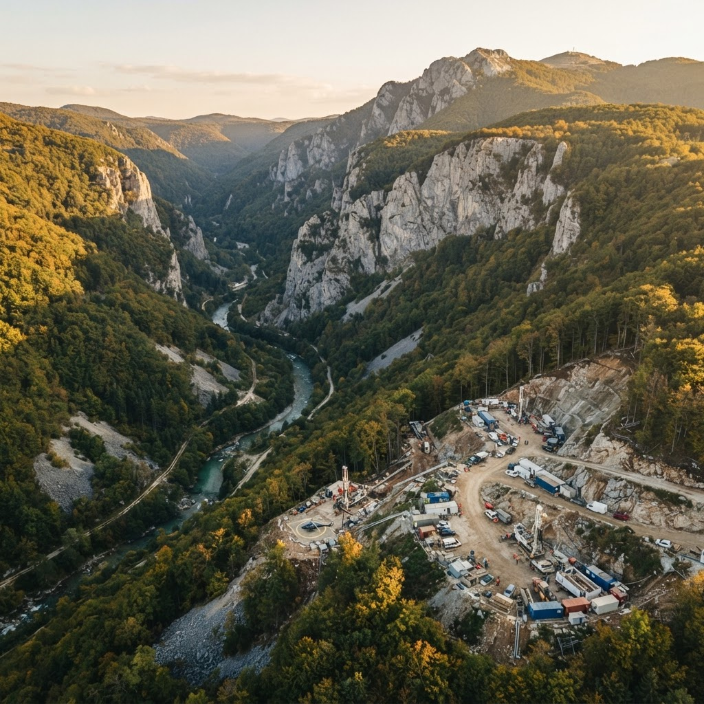 Aerial view of the Monte project at Cajnice in a forested river valley