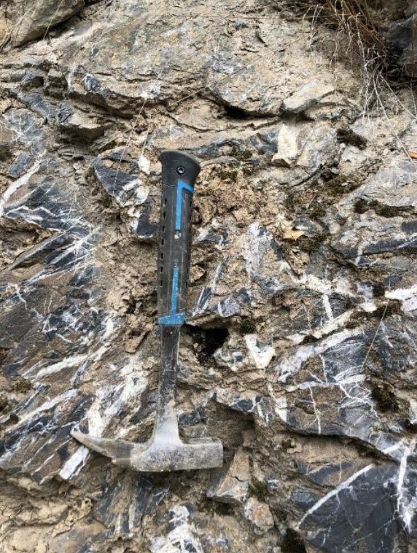 Quartz-carbonate stockwork veining in outcrop, shown with a rock hammer for scale