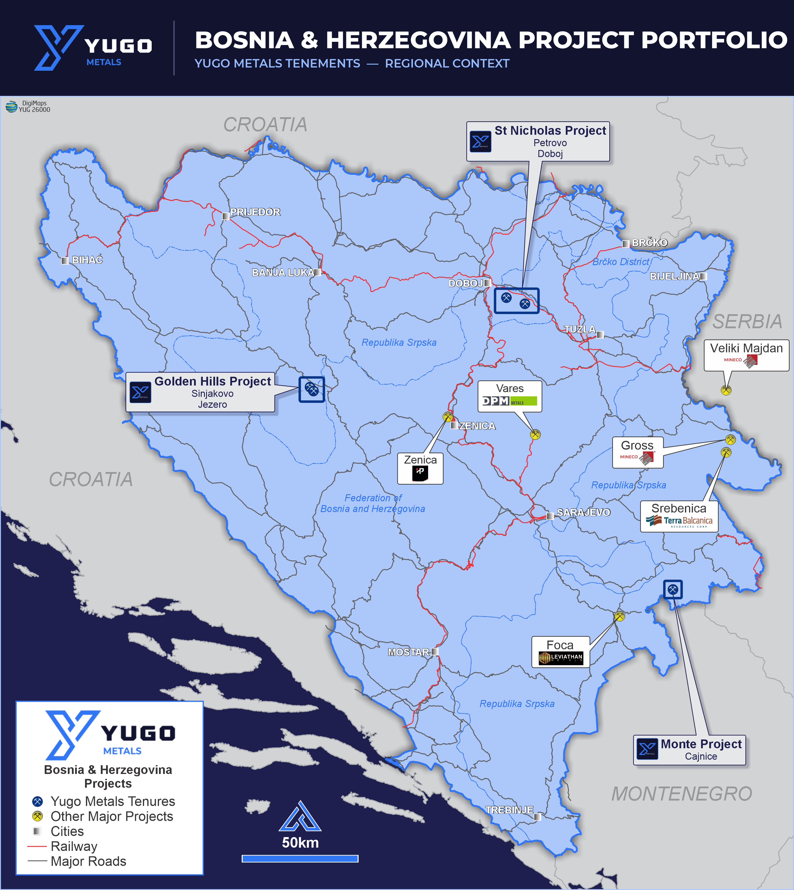 Yugo Metals Bosnia and Herzegovina portfolio map showing the Golden Hills, St Nicholas, and Monte projects alongside regional infrastructure and major mining projects